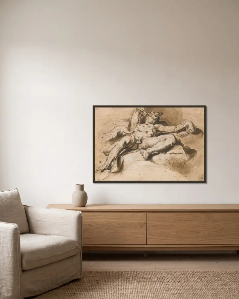 Prometheus fjättrad, grågamen som sliter hans lever av Abraham Bloemaert inramad på en vägg