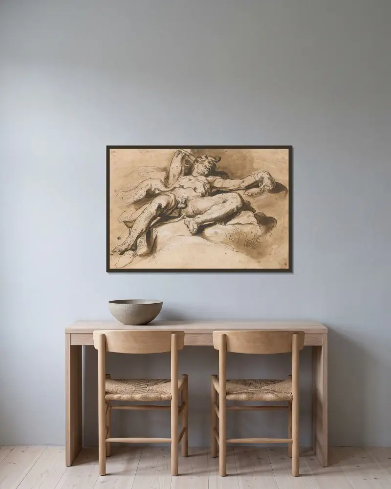 Prometheus fjättrad, grågamen som sliter hans lever av Abraham Bloemaert inramad på en vägg