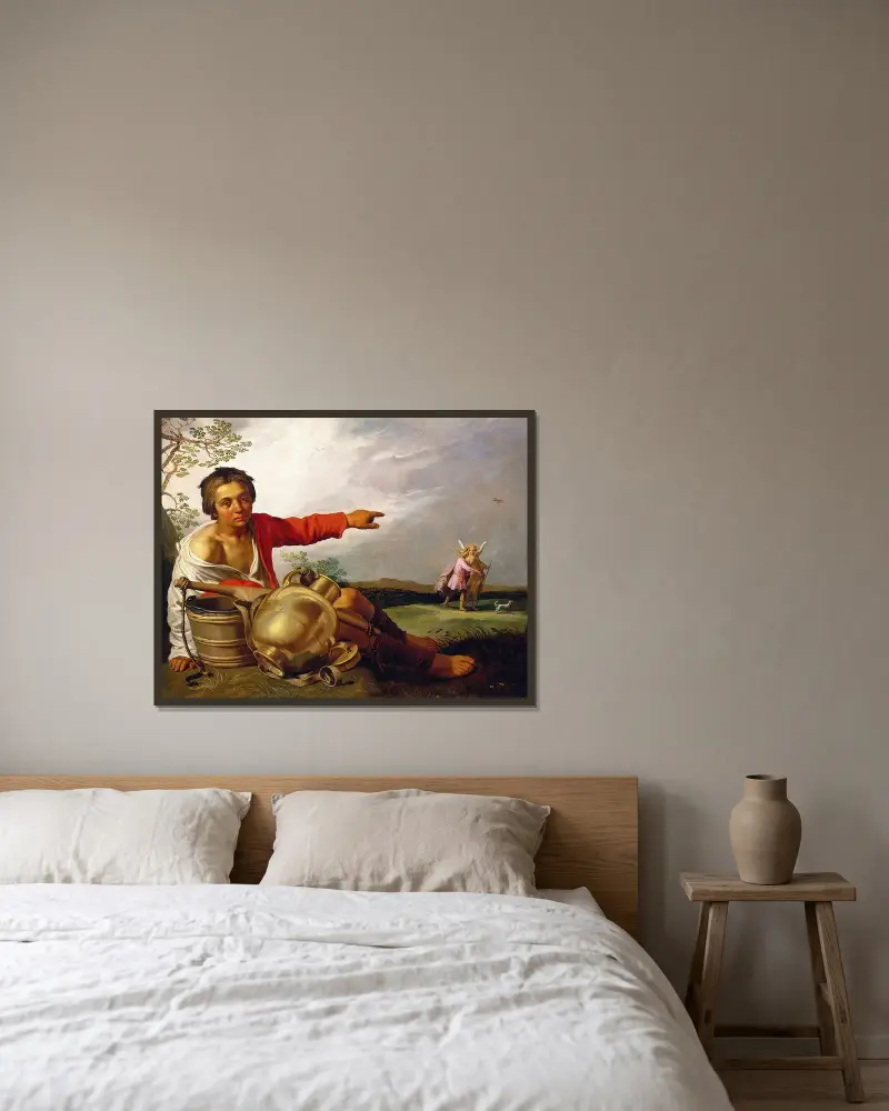 Herdepojken pekar på Tobias och ängeln av Abraham Bloemaert inramad på en vägg