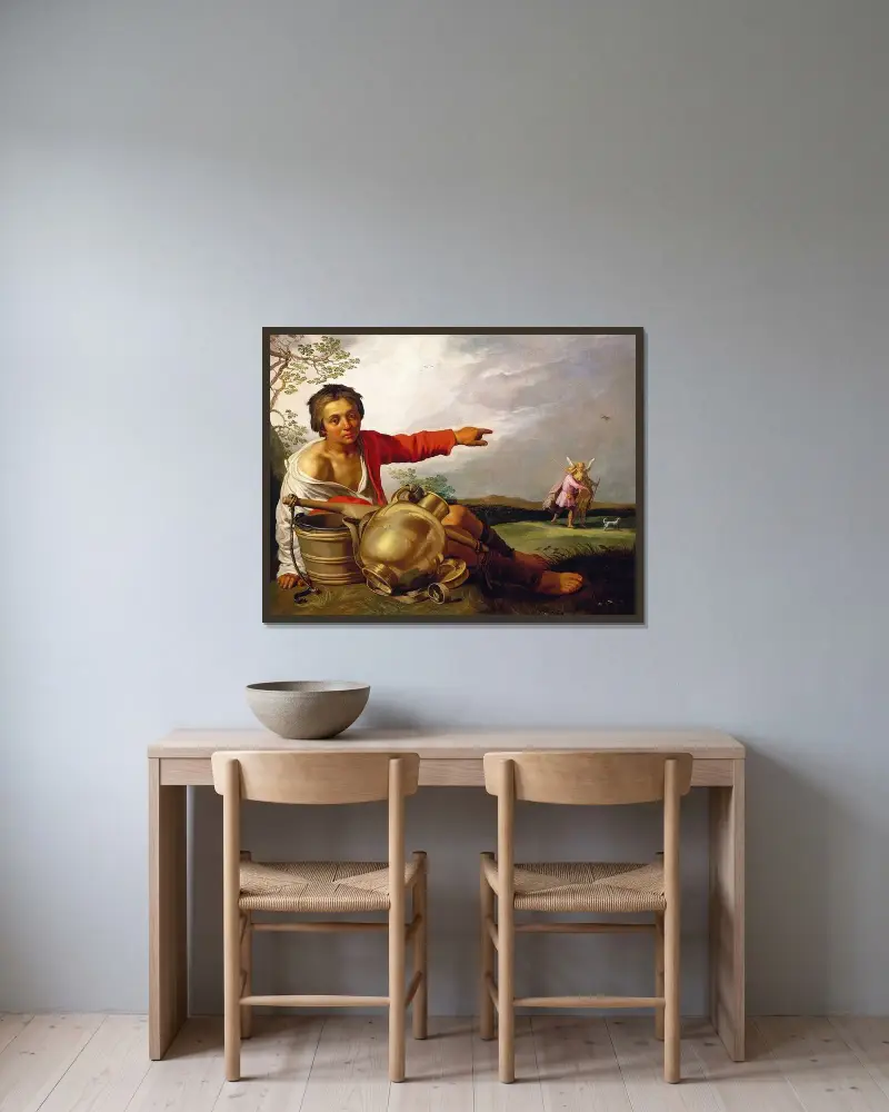 Herdepojken pekar på Tobias och ängeln av Abraham Bloemaert inramad på en vägg