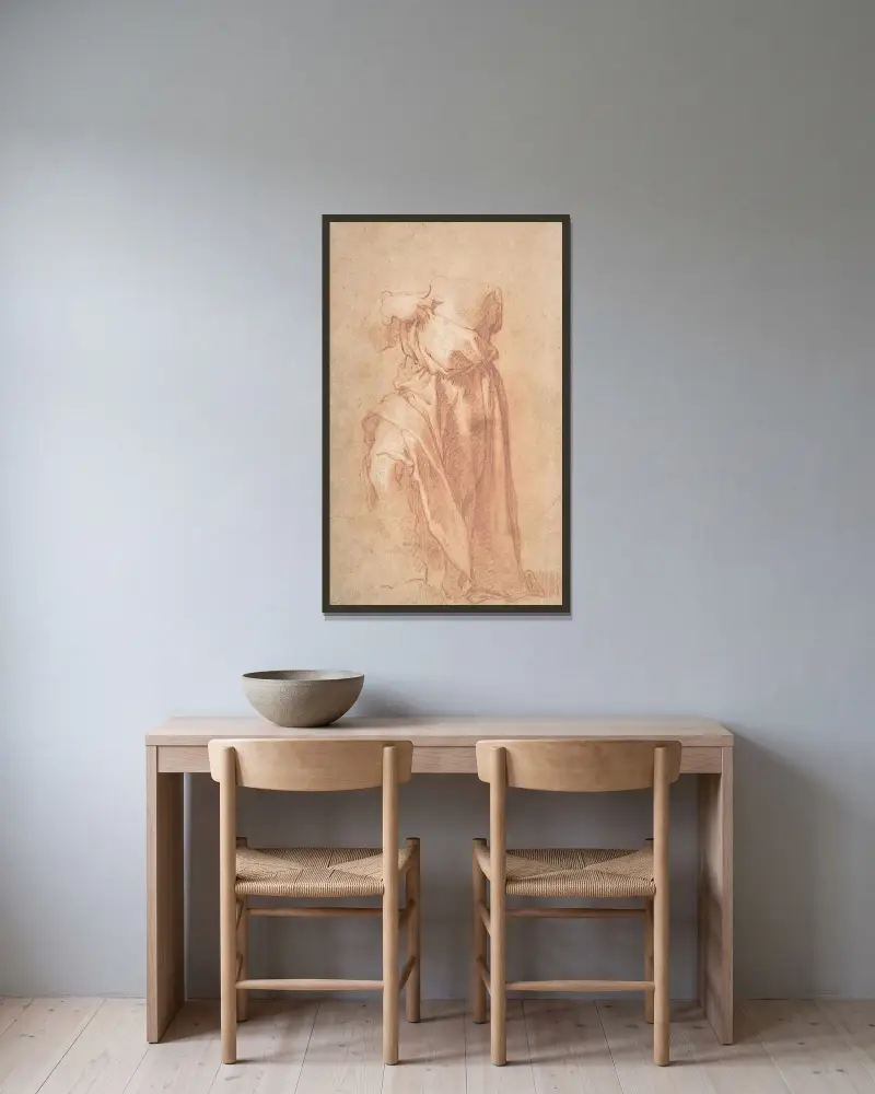 Studie av en huvudlös draperad figur med korsade armar av Abraham Bloemaert inramad på en vägg