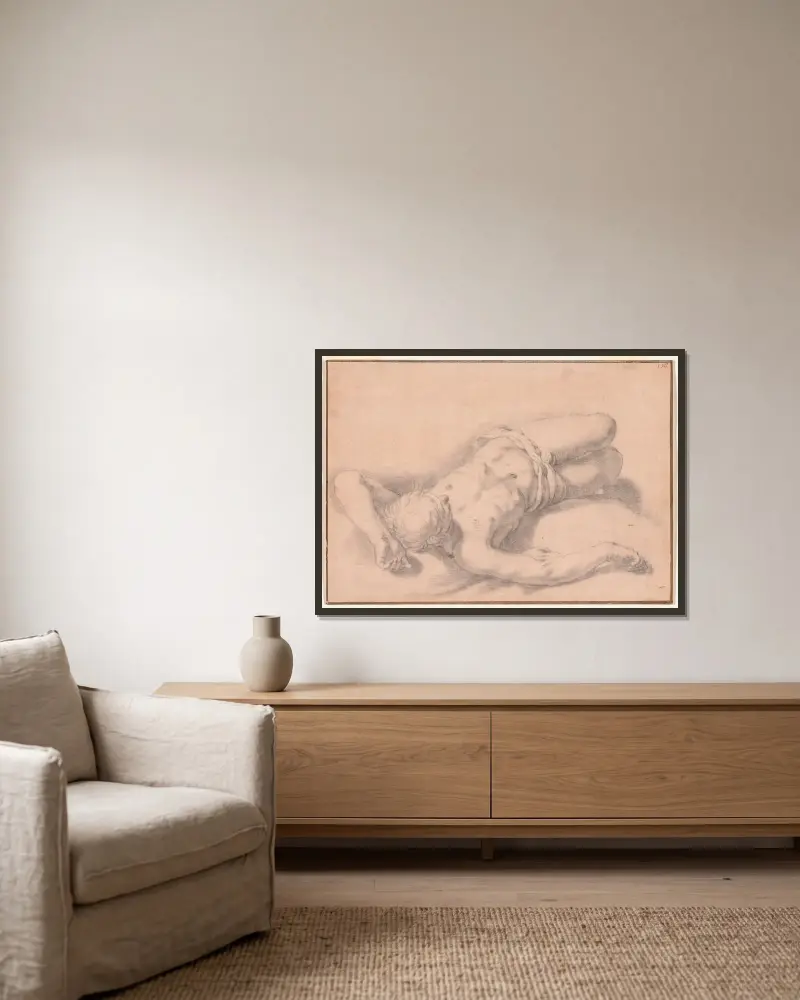 Studie av en naken man av Abraham Bloemaert inramad på en vägg