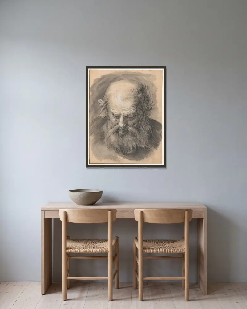Studie av huvudet på en skäggig man av Abraham Bloemaert inramad på en vägg