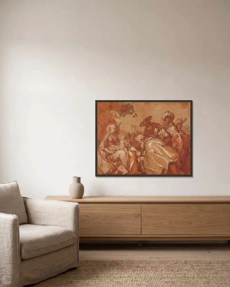 The adoration of the Magi av Abraham Bloemaert inramad på en vägg