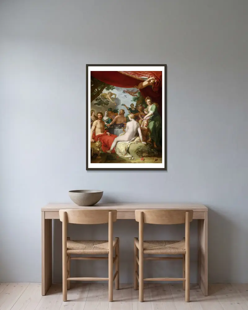 The Feast of The Gods At The Wedding of Peleus and Thetis av Abraham Bloemaert inramad på en vägg