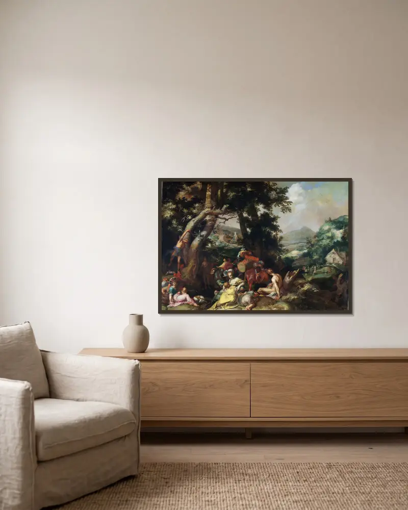 Johannes Döparens predikan av Abraham Bloemaert inramad på en vägg