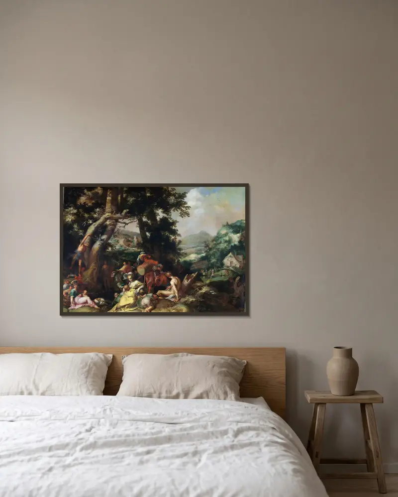 Johannes Döparens predikan av Abraham Bloemaert inramad på en vägg