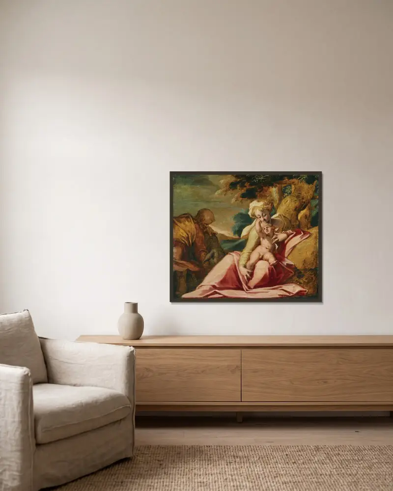 Vilan under flykten till Egypten av Abraham Bloemaert inramad på en vägg