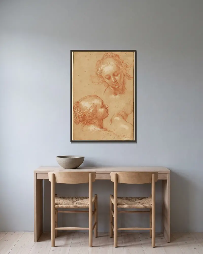 Three Studies of Women av Abraham Bloemaert inramad på en vägg