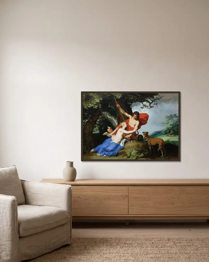 Venus und Adonis, 1632 von Abraham Bloemaert gerahmt an einer Wand