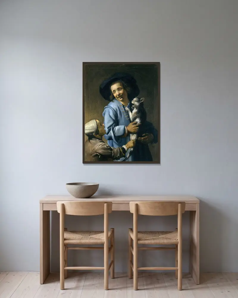 Ungdomar leker med katten av Abraham Bloemaert inramad på en vägg