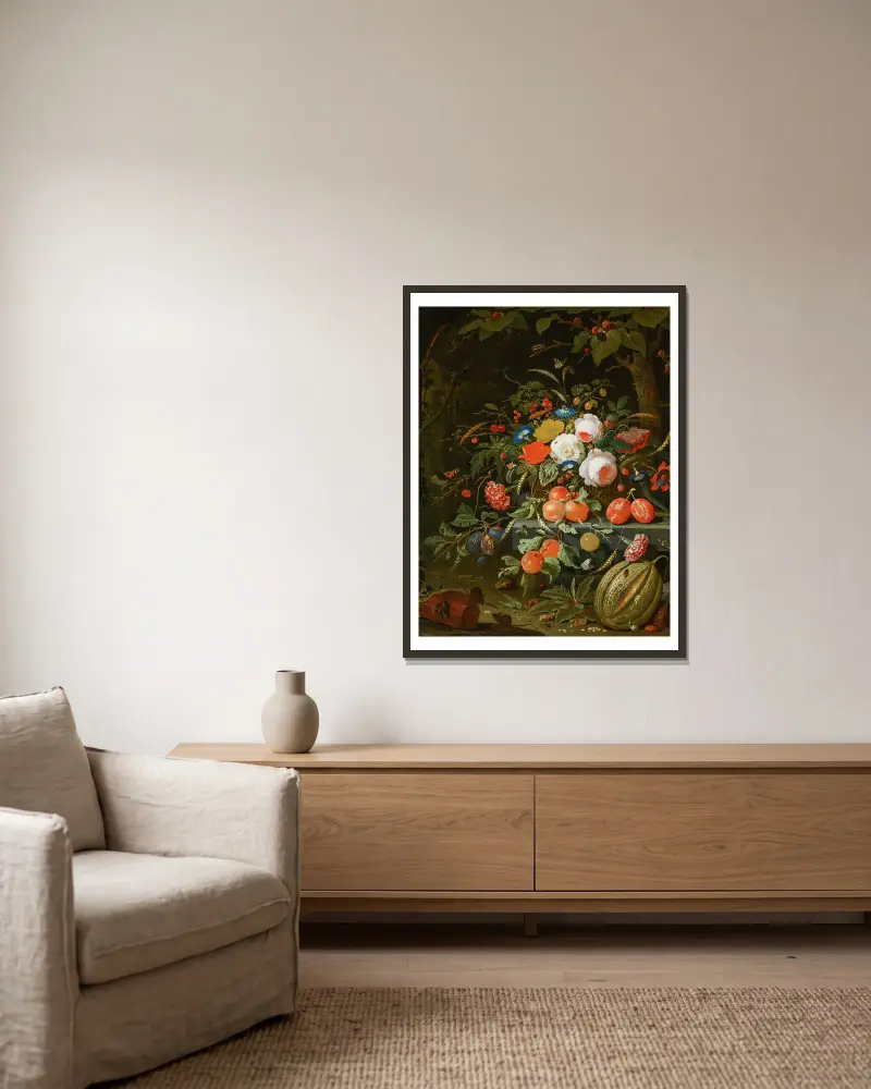 Blumen und Früchte von Abraham Mignon gerahmt an einer Wand