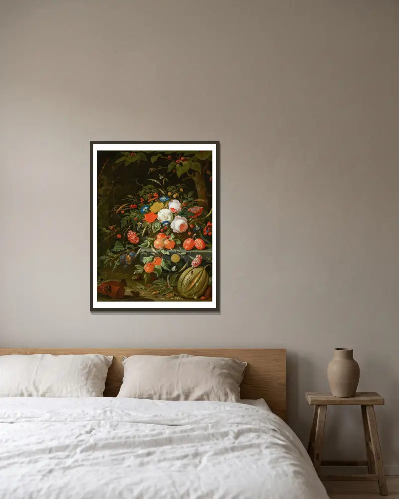 Blumen und Früchte von Abraham Mignon gerahmt an einer Wand