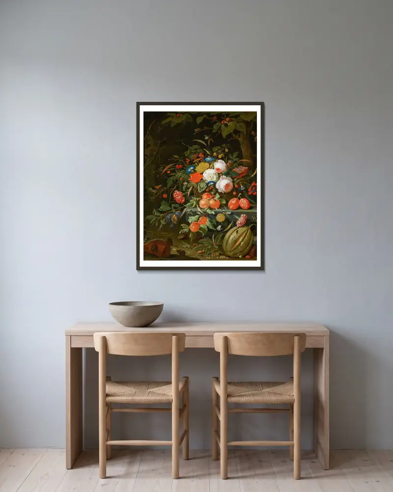Blumen und Früchte von Abraham Mignon gerahmt an einer Wand