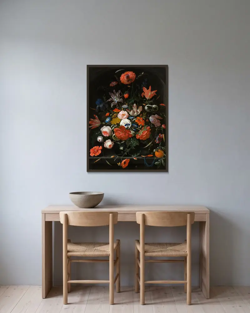 Flowers in a Glass Vase av Abraham Mignon inramad på en vägg