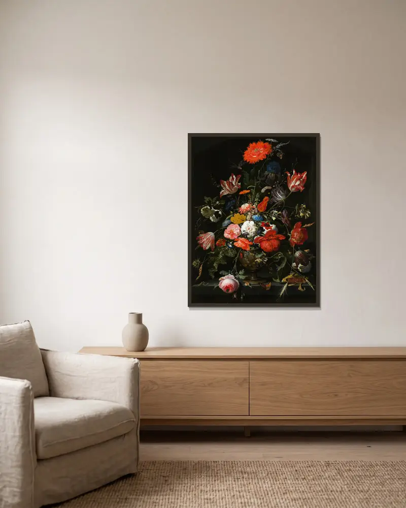 Flowers in a Metal Vase av Abraham Mignon inramad på en vägg