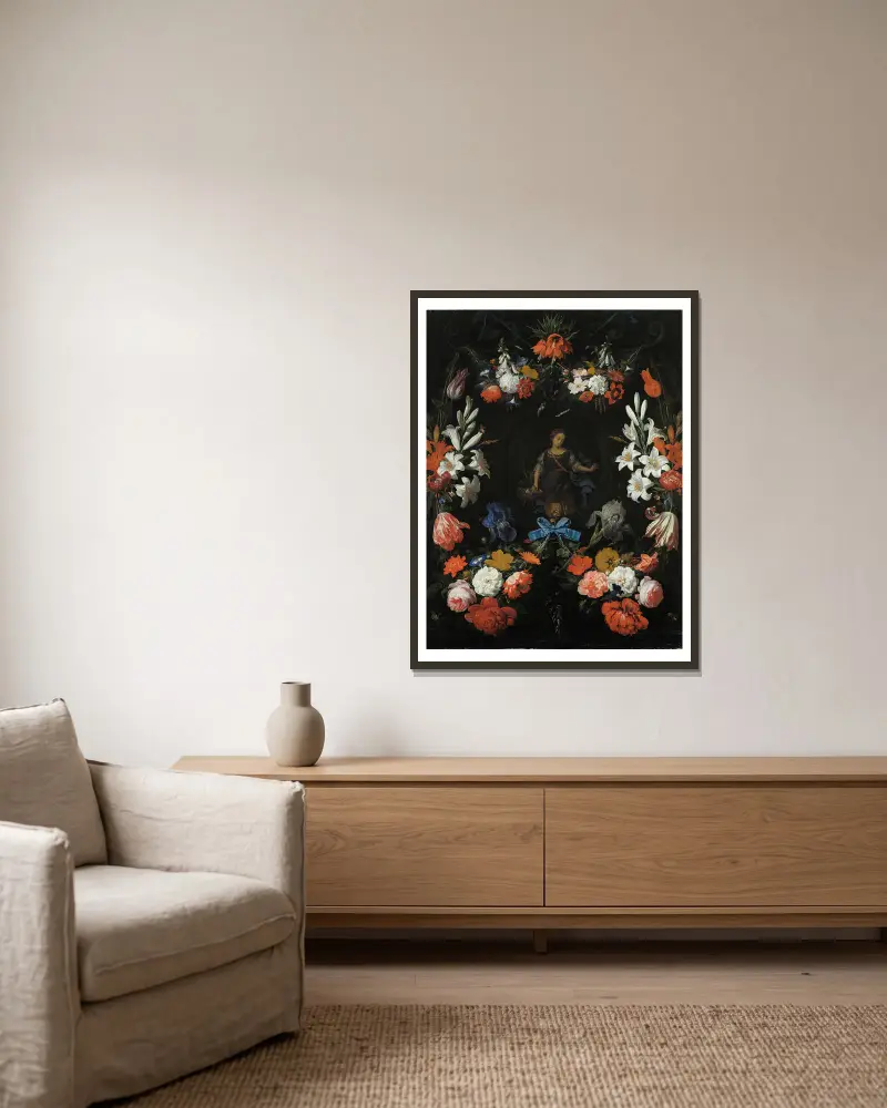 Garland of Flowers av Abraham Mignon inramad på en vägg