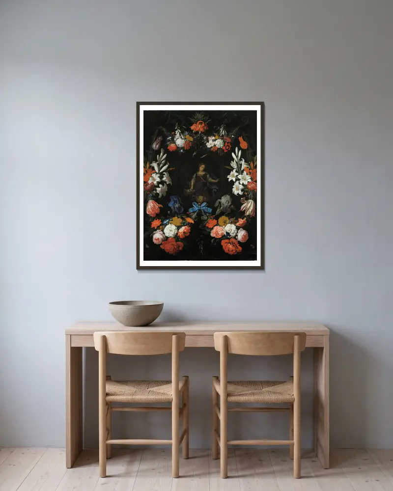 Garland of Flowers av Abraham Mignon inramad på en vägg