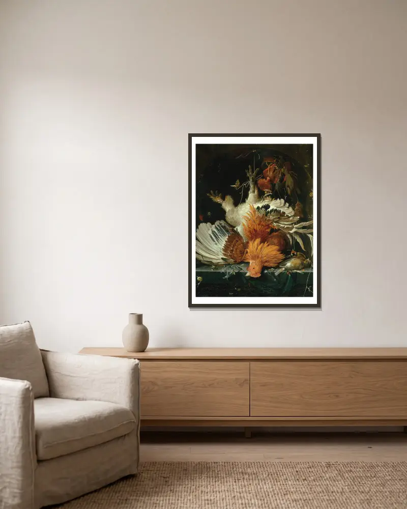 Still Life with Dead Poultry av Abraham Mignon inramad på en vägg