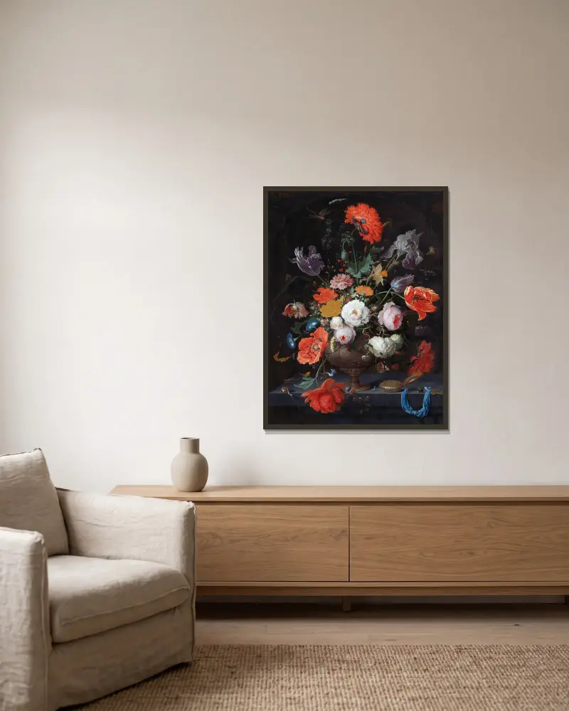 Still Life with Flowers and a Watch av Abraham Mignon inramad på en vägg