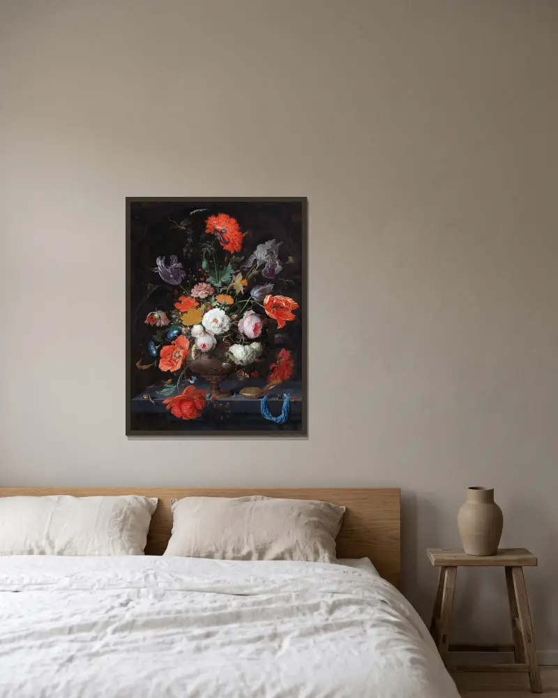 Still Life with Flowers and a Watch av Abraham Mignon inramad på en vägg