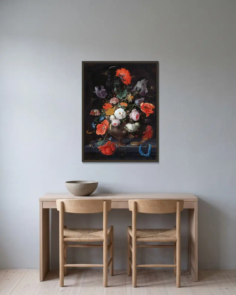 Still Life with Flowers and a Watch av Abraham Mignon inramad på en vägg