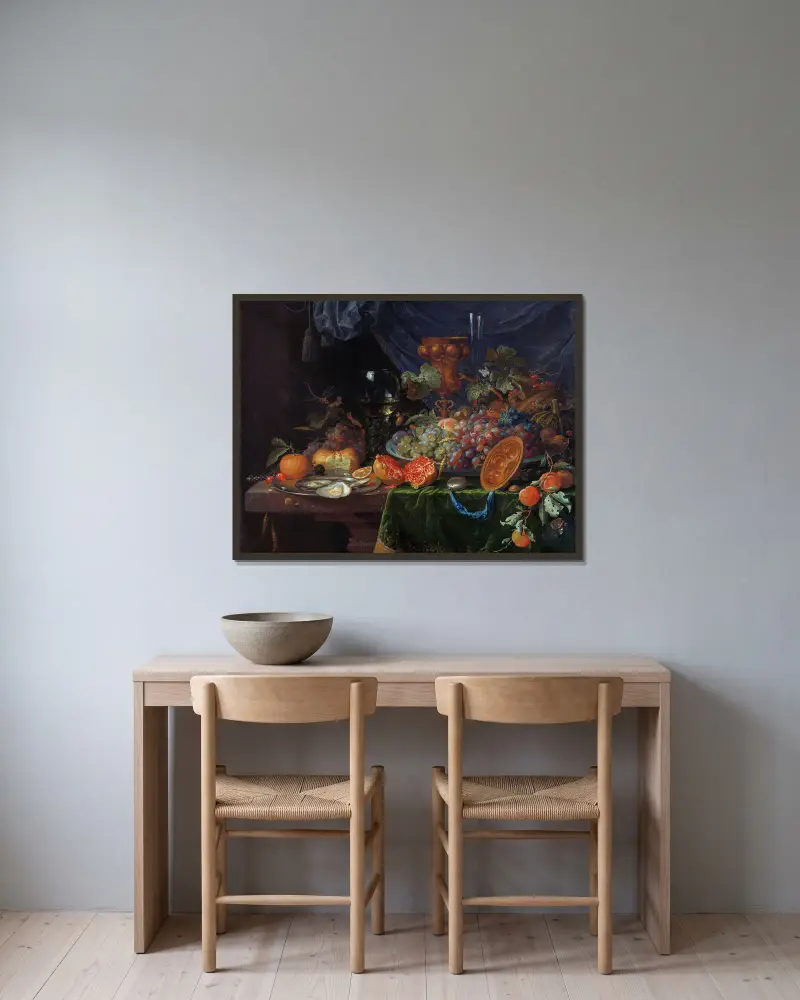 Still Life with Fruit and Oysters av Abraham Mignon inramad på en vägg
