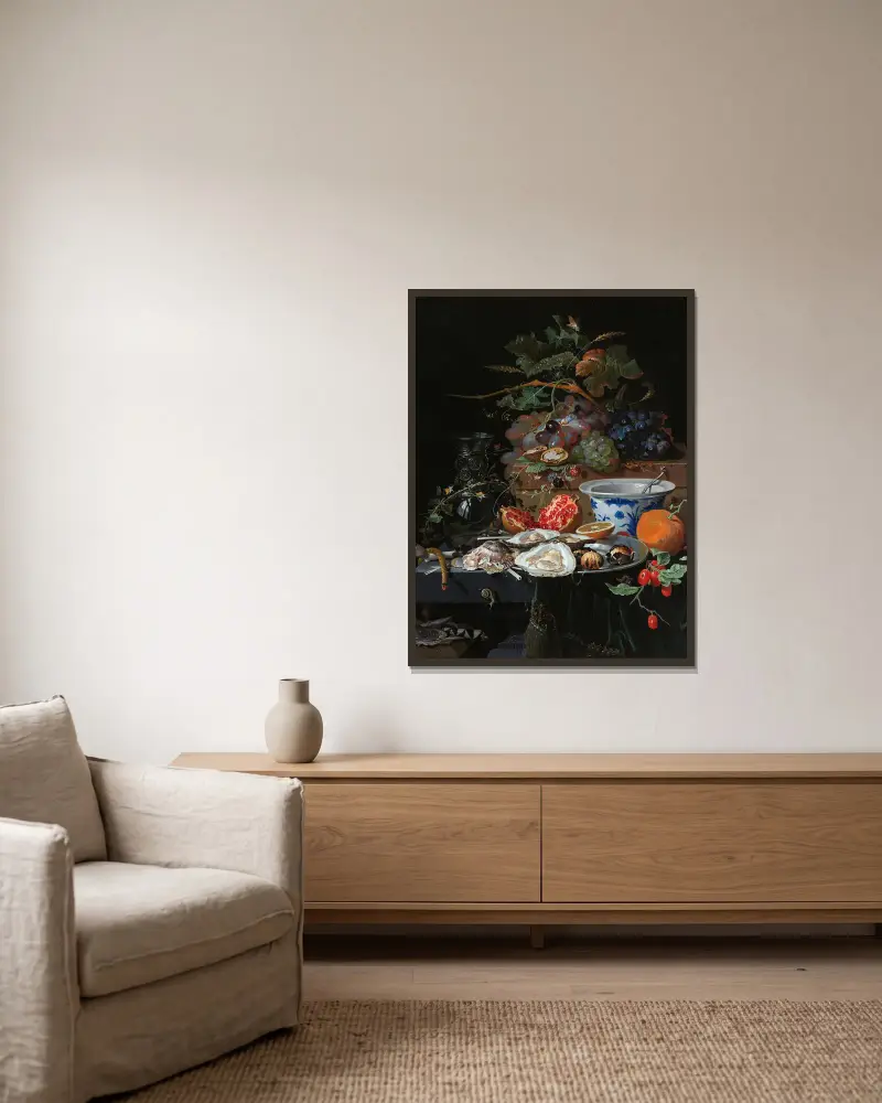 Still Life with Fruit, Oysters, and a Porcelain Bowl av Abraham Mignon inramad på en vägg
