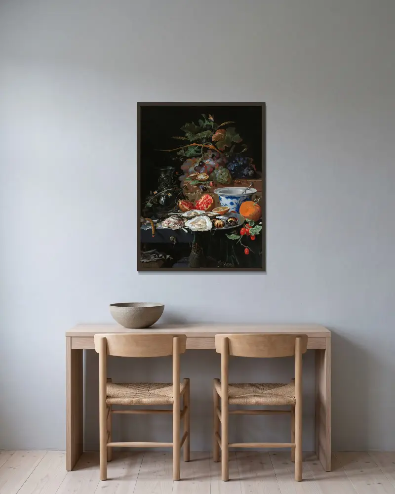 Still Life with Fruit, Oysters, and a Porcelain Bowl av Abraham Mignon inramad på en vägg