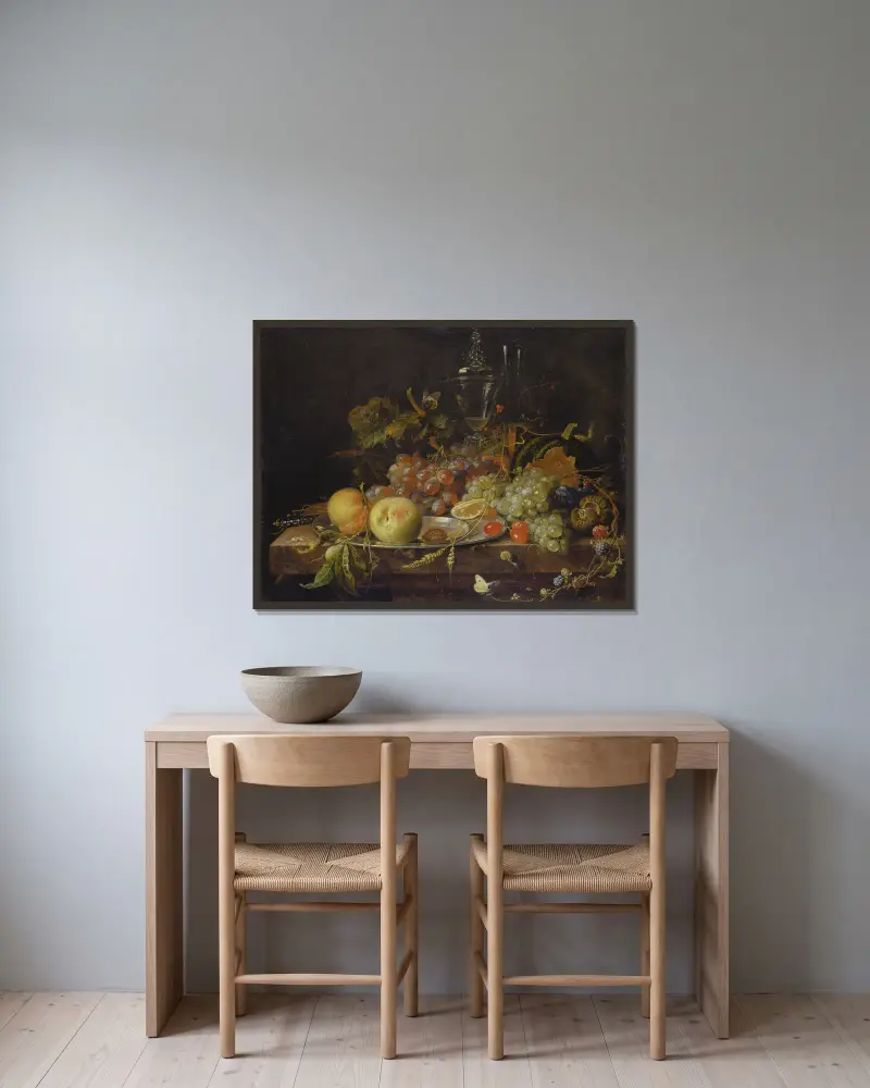 Still Life with Fruit, Tin Plate and Wine Glasses av Abraham Mignon inramad på en vägg