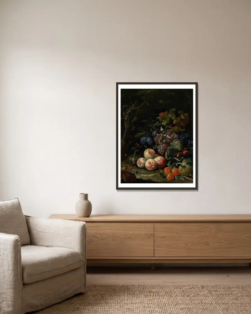 Still Life with Fruits, Foliage and Insects av Abraham Mignon inramad på en vägg