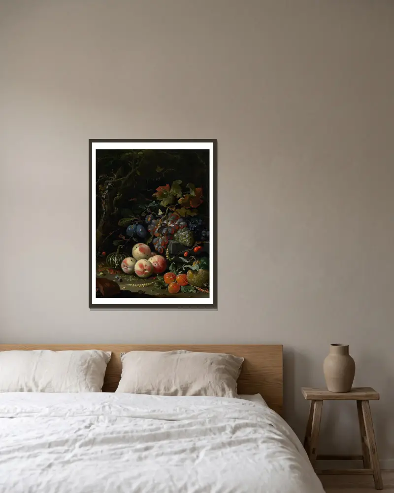Still Life with Fruits, Foliage and Insects av Abraham Mignon inramad på en vägg