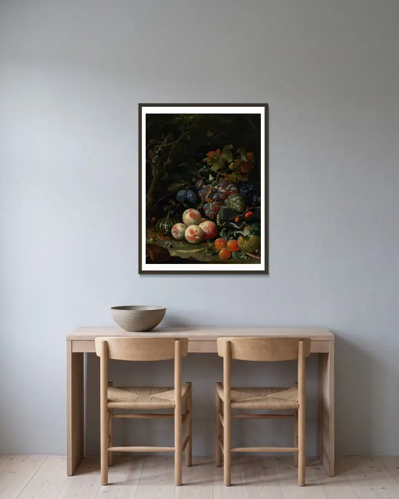 Still Life with Fruits, Foliage and Insects av Abraham Mignon inramad på en vägg