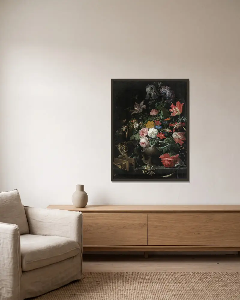 Der umgestürzte Blumenstrauß von Abraham Mignon gerahmt an einer Wand