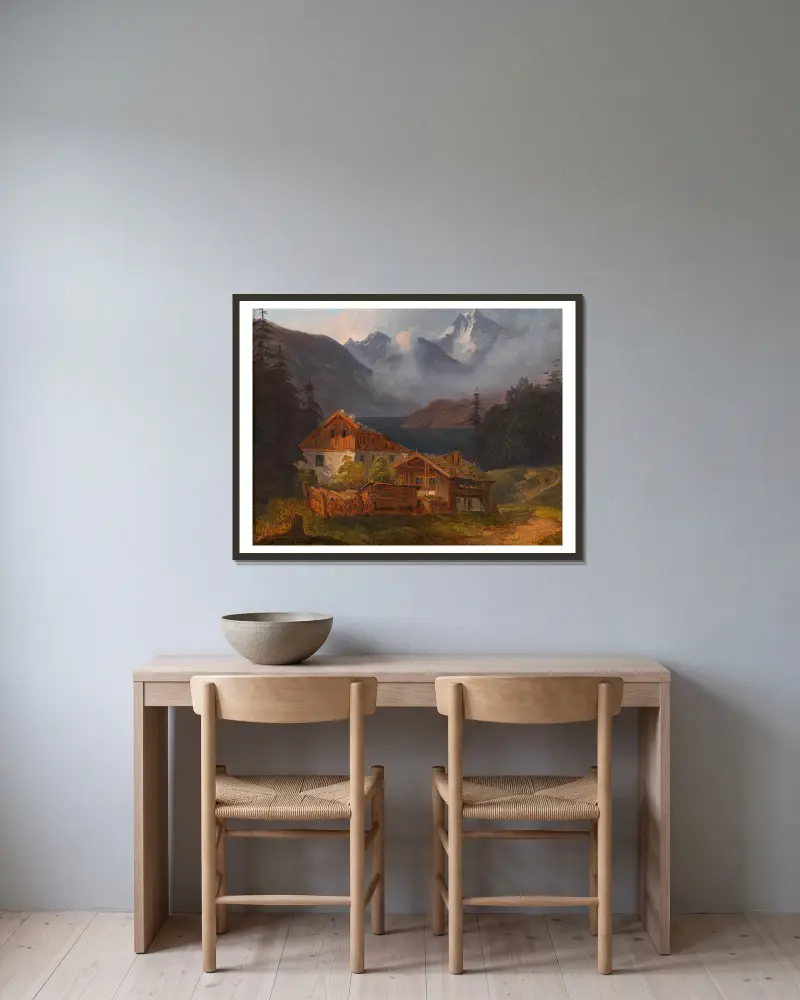 Bauerngehöft an einem Bergsee von Adalbert Stifter gerahmt an einer Wand