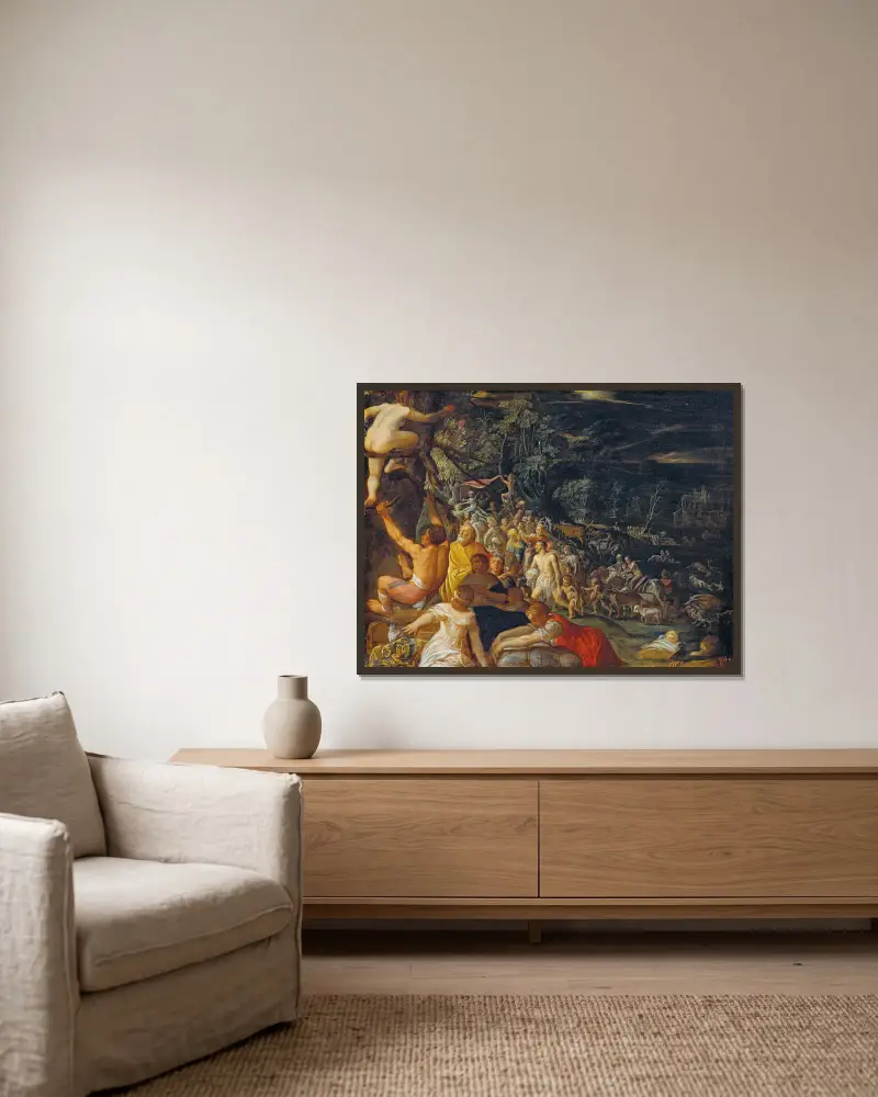 Die Sintflut von Adam Elsheimer gerahmt an einer Wand