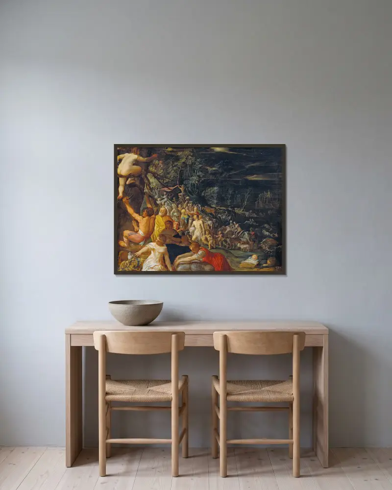 Die Sintflut von Adam Elsheimer gerahmt an einer Wand