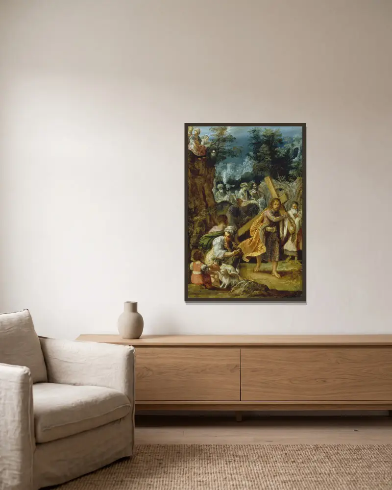Frankfurts altartavla: Upphöjelsen av det sanna korset, kejsar Herakleios intåg i Jerusalem av Adam Elsheimer inramad på en vägg