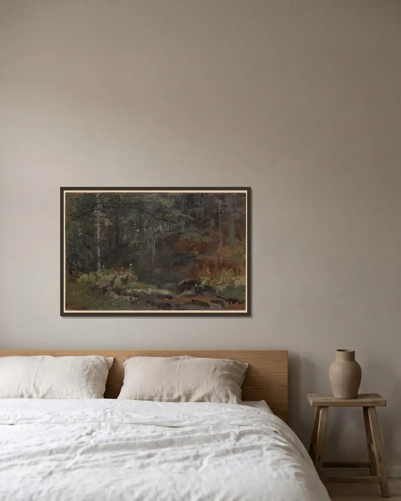 Waldbach II von Adolf Dressler gerahmt an einer Wand