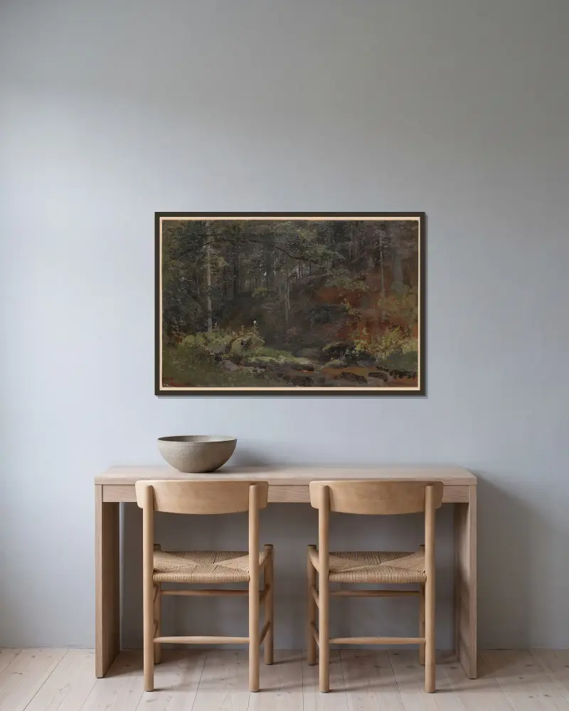 Waldbach II von Adolf Dressler gerahmt an einer Wand