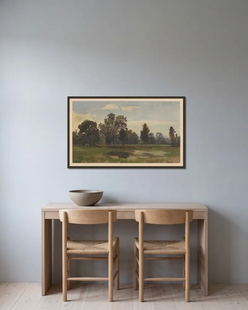 Landskap vid floden Barycz av Adolf Dressler inramad på en vägg