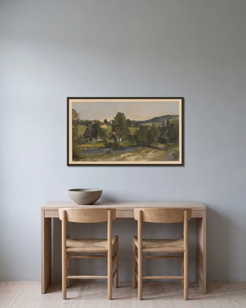 Landskap med flod och hyddor i Zlate Hory av Adolf Dressler inramad på en vägg