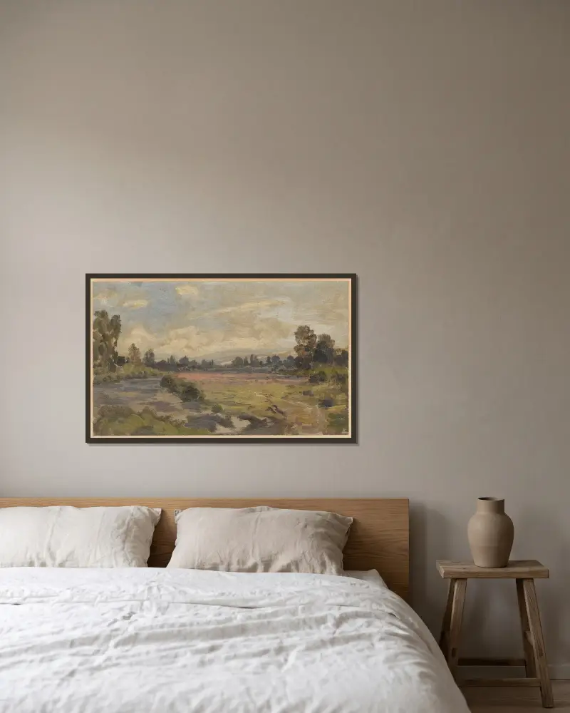 Landscape with a river and view of the Jesenik range av Adolf Dressler inramad på en vägg