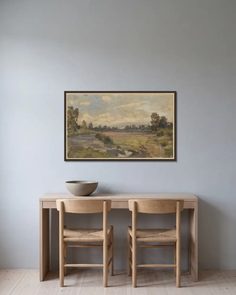 Landscape with a river and view of the Jesenik range av Adolf Dressler inramad på en vägg