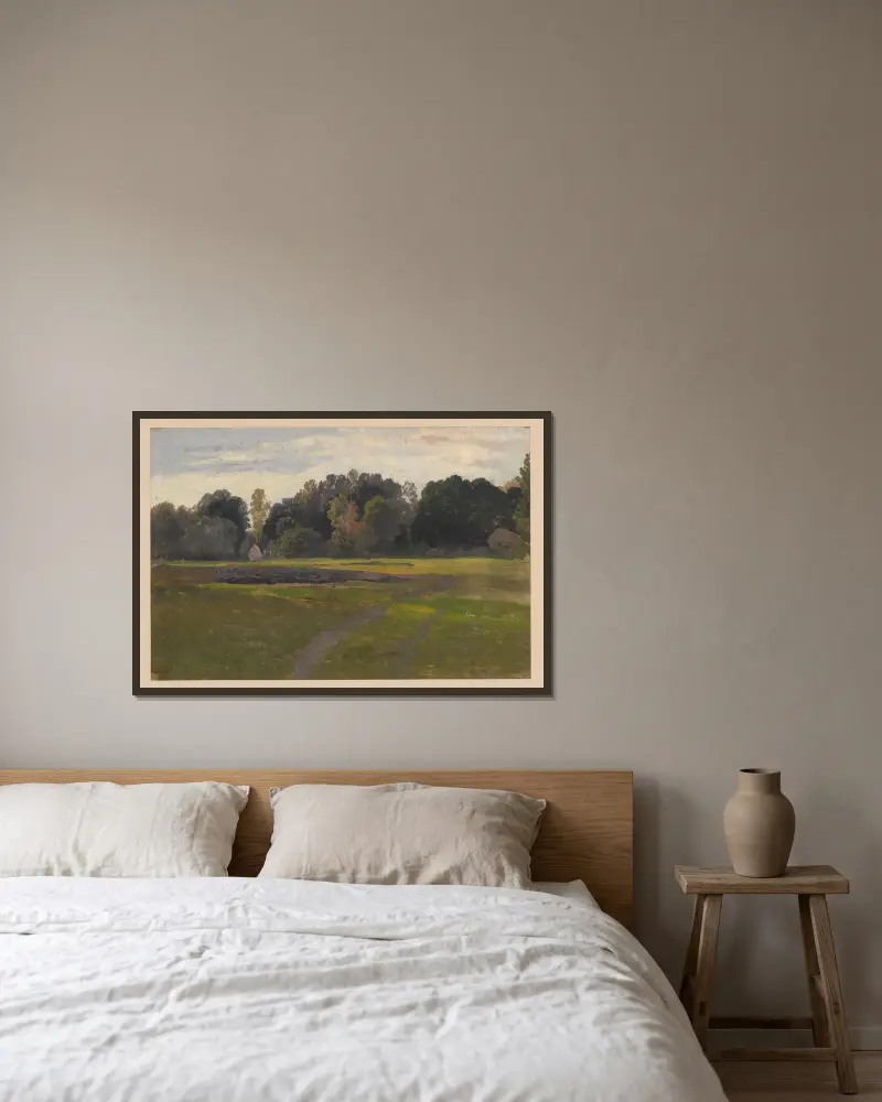 View of a meadow by a forest in Spreewald av Adolf Dressler inramad på en vägg