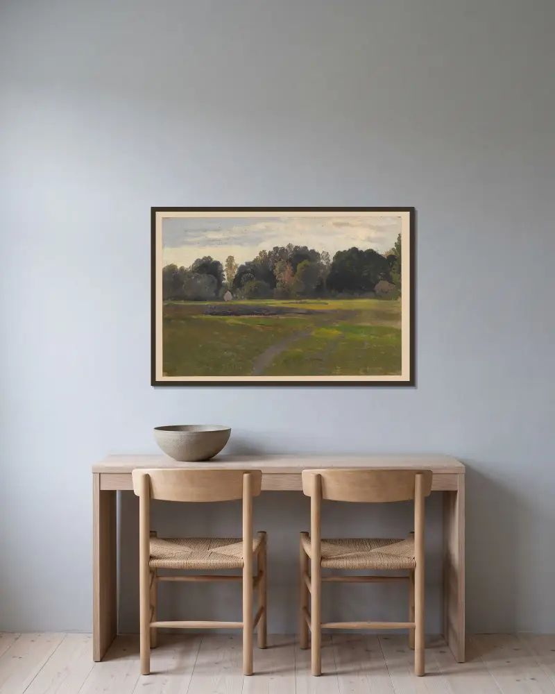 View of a meadow by a forest in Spreewald av Adolf Dressler inramad på en vägg