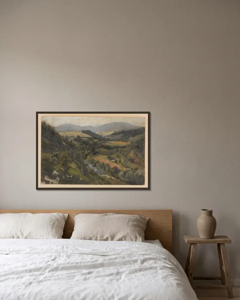 Vy över en bergsdal och Pradedkedjan av Adolf Dressler inramad på en vägg