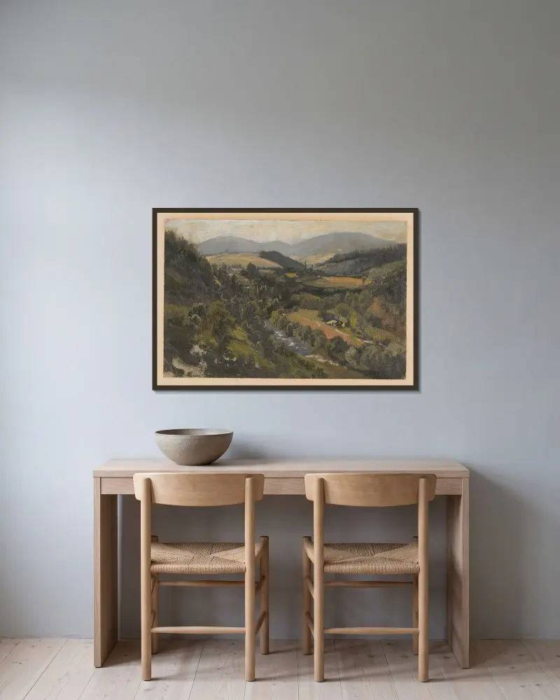 Vy över en bergsdal och Pradedkedjan av Adolf Dressler inramad på en vägg