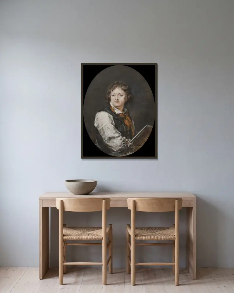 Self-portrait av Peter Adolf Hall inramad på en vägg