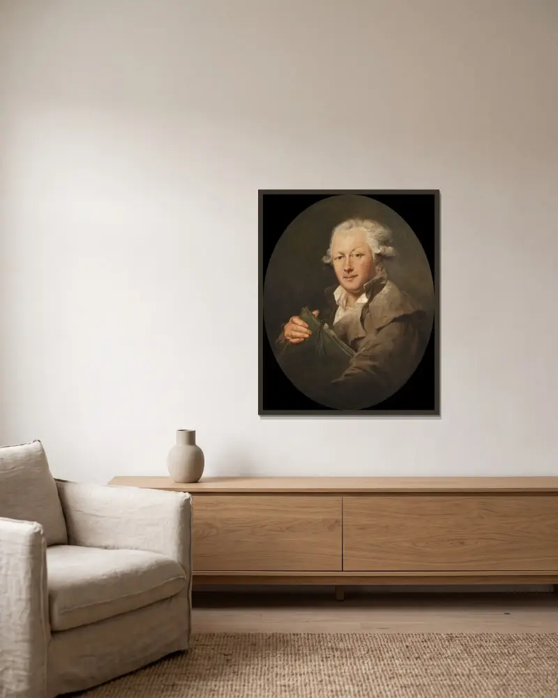 Self-portrait av Peter Adolf Hall inramad på en vägg